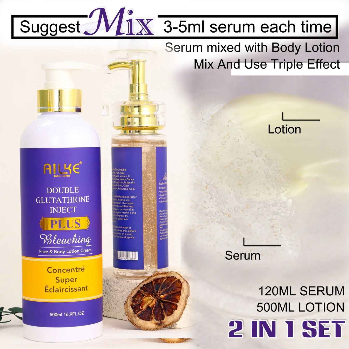 AILKE Double Glutathione Whitening Set For All Skin Types, Reduce Dark Spots, Melanin, Freckles, Chloasma, Even Skin Tone