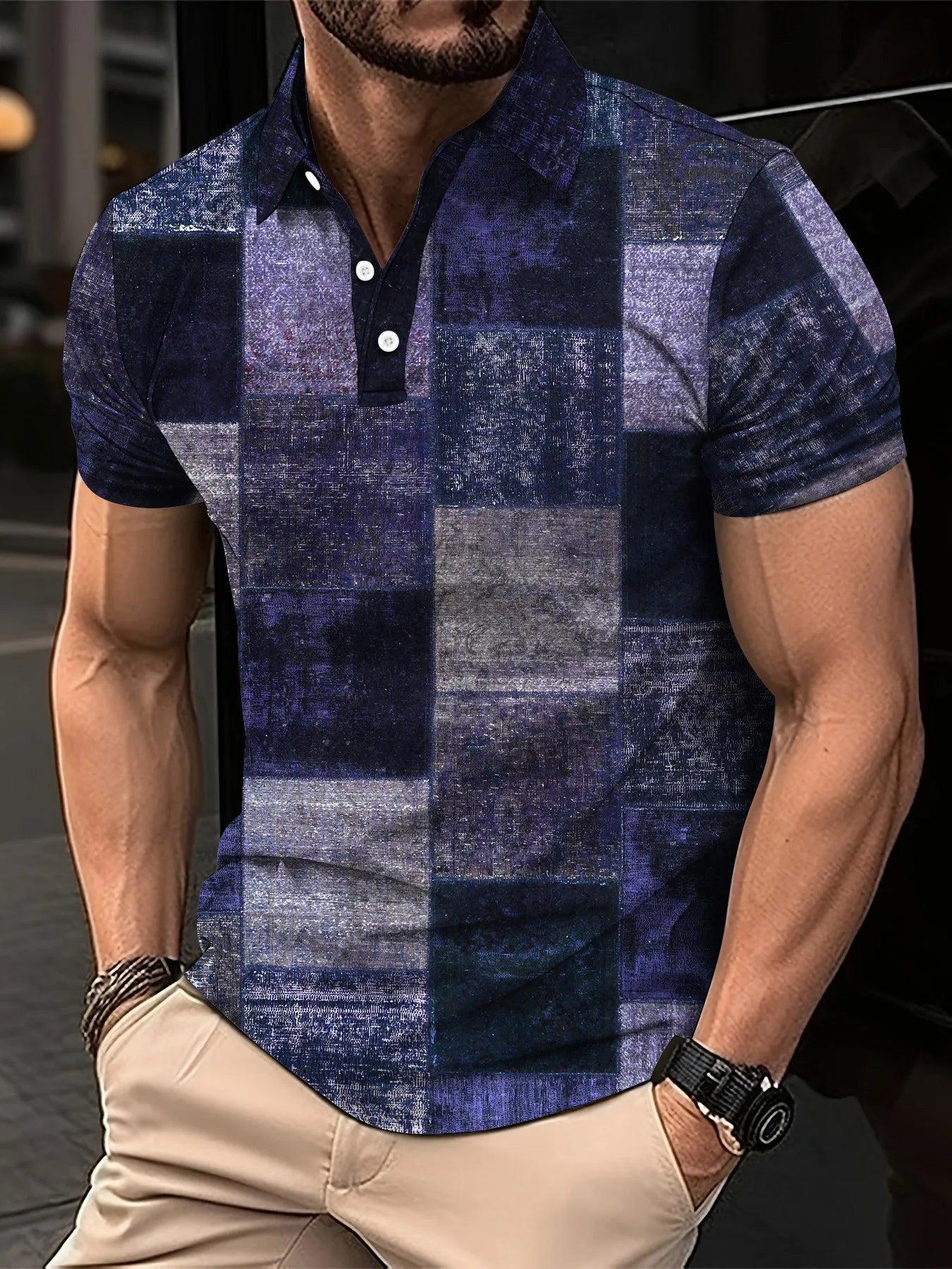 Fashion Elegant Harajuku Slim Fit Ropa Hombre Loose Casual All Match Lattice Men's POLO Shirt Printed Button Short Sleeve Tops