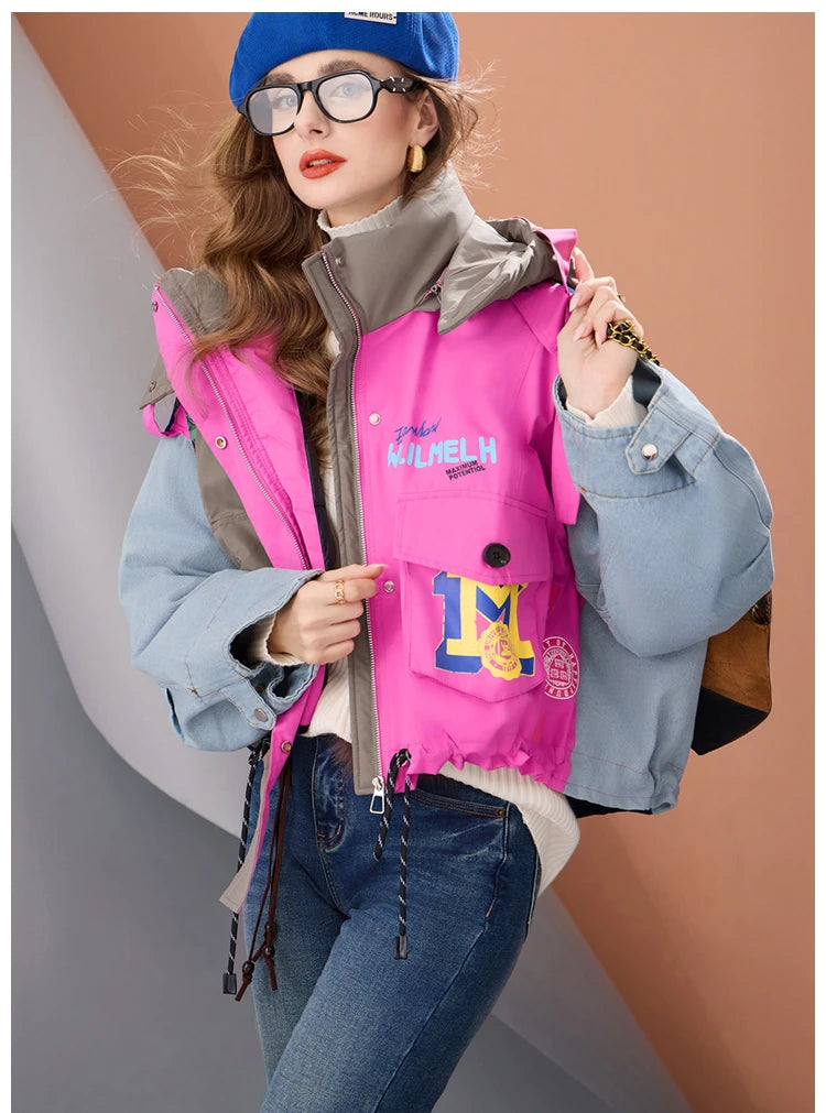 Women Short Puffer Jacket Hooded Thick Warm Winter Coat Color Block Denim Sleeve Streetwear Oversized Fashion Down Outerwear