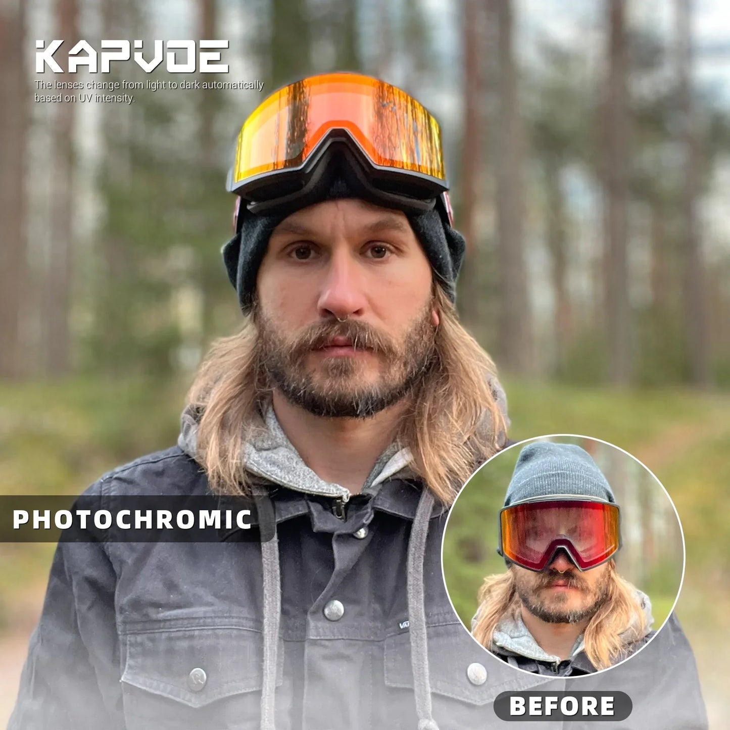 Kapvoe Winter Photochromic Ski Goggle Snow Anti-Fog Sunglasses Snowboard Mask for Men Women Eyewear UV400 Glasses Snowmobile