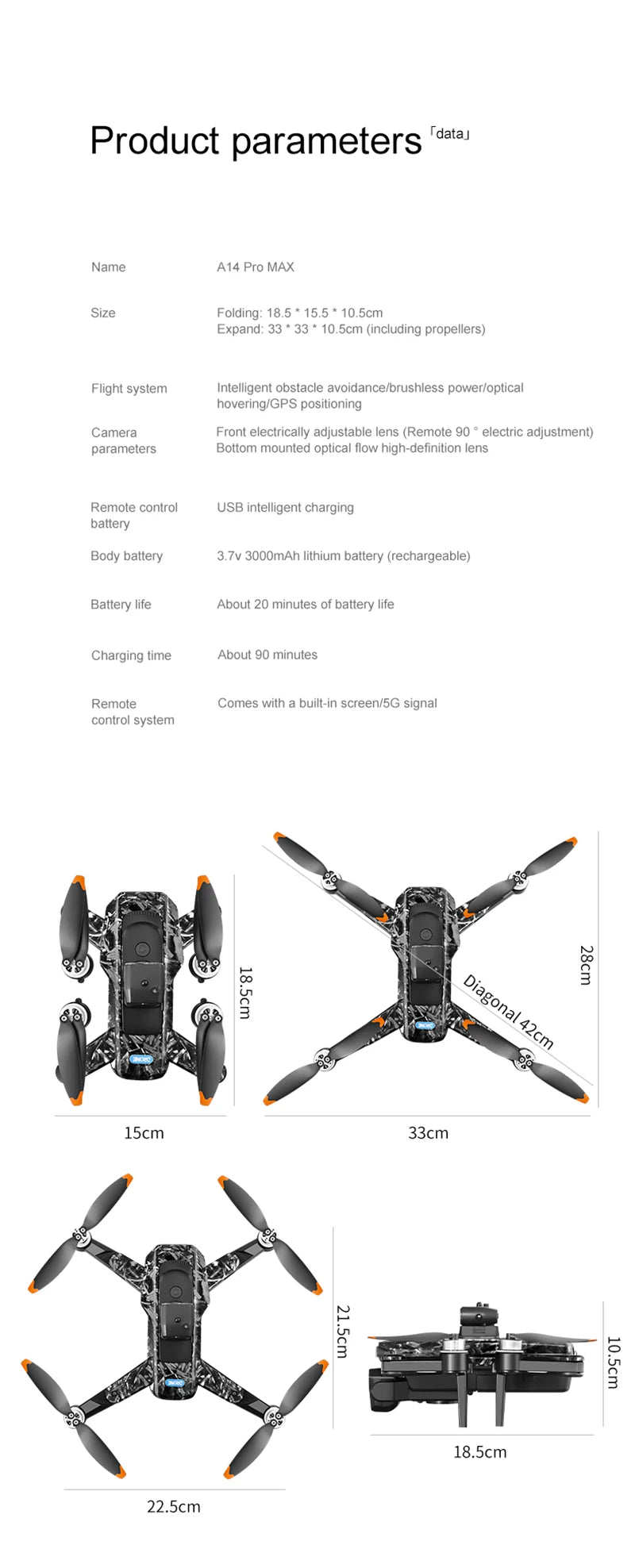 Upgrade A14 Pro Max Drone Aerial 8K HD Dual-Camera 5G WIFI GPS Brushless Motor Optical Flow Obstacle Avoidance RC Drone 10000M