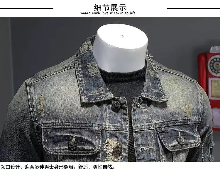 Spring  Autumn New Fashion Trend Ripped Vintage Jeans Jacket Men's Casual Loose Comfortable High Quality Denim Coat