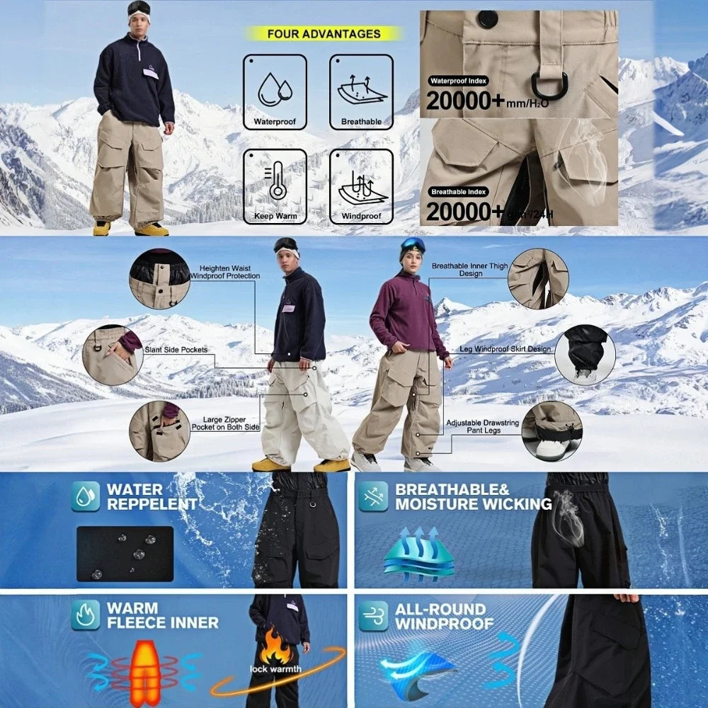 Men Baggy Wear-resistant Skiing Pants Women Insulated Loose Pockets Winter Trousers Outdoor Sports Waterproof Clothes 2025 Warm