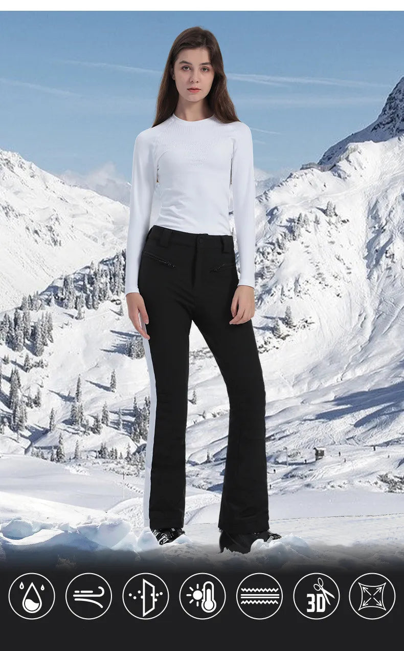 Women Ski Pant Elastic Snowboard Trouser Windproof Waterproof Breathable Thicken Thermal Zipper Snowboard Wear for Winter Sport