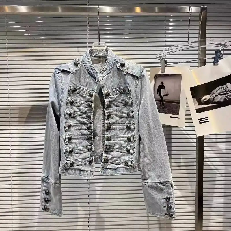 DEAT 2025 Autumn New Fashion Metal Buckle Design Shoulder Strap Denim Short Jacket For Women High Street Coat Female 11A06995