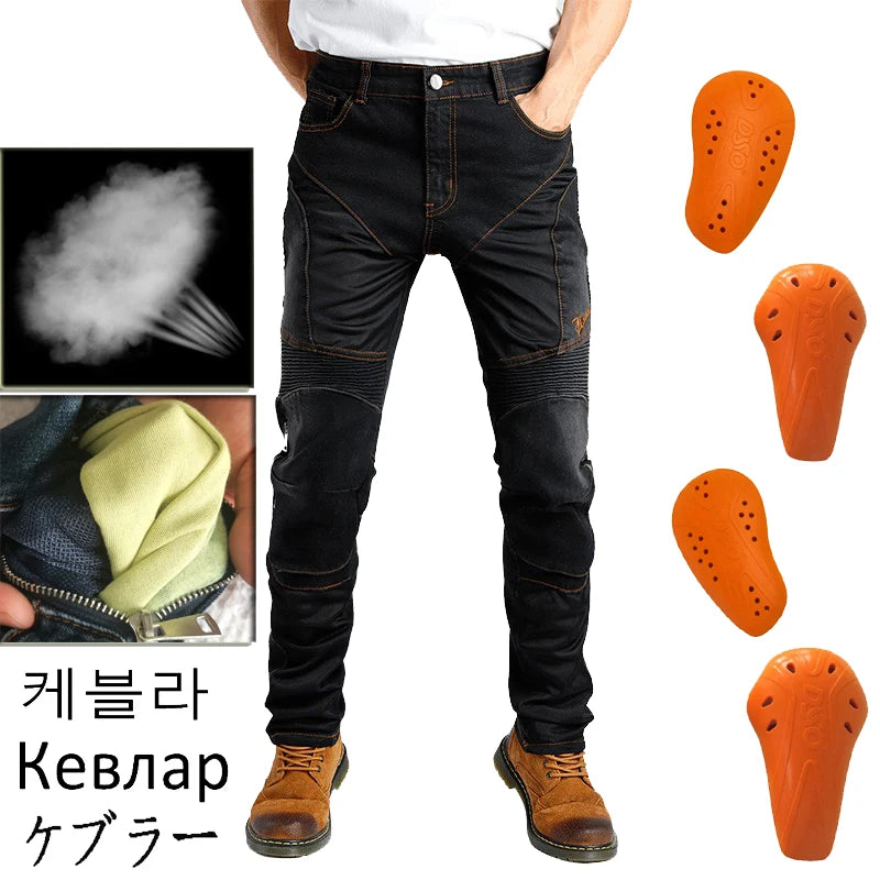 Men Summer Motorcycle Jeans Blue Mesh Protective Riding Pants Black Motocross Gear Motorbike Trousers