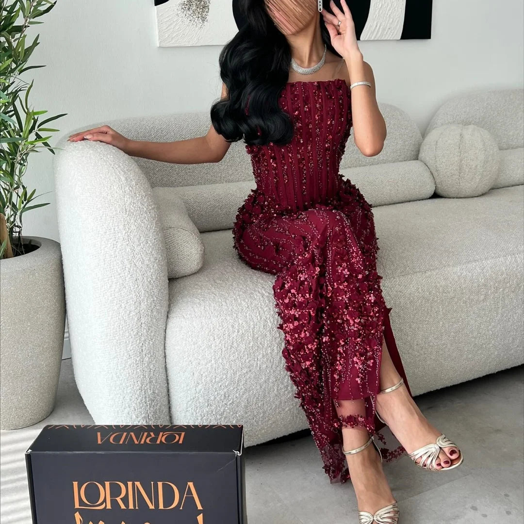 Bella Customized Burgundy Strapless Ruffled 3D Beaded Prom Dress Slim Fit High Slit Party Dresses Floor-Length Elegant 2025