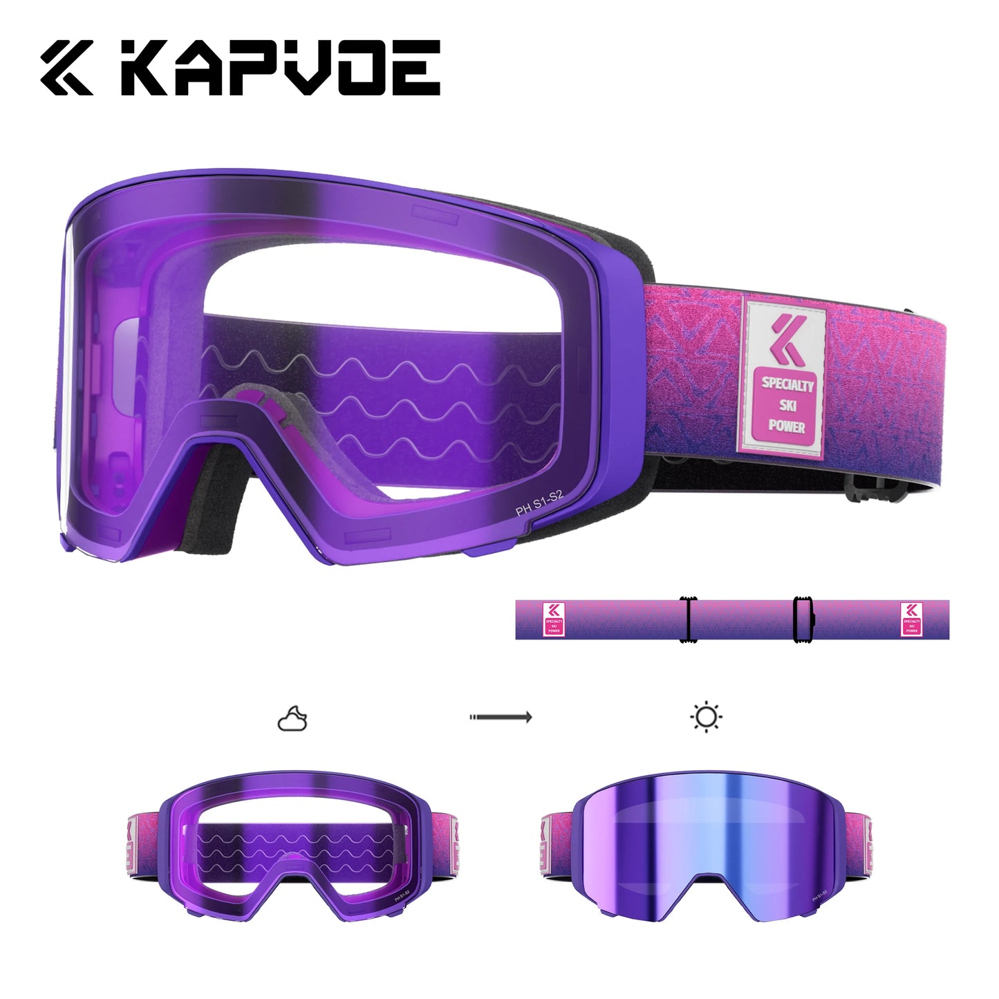 Kapvoe Photochromic Ski Goggles Magnetic Anti-Fog Lenses UV400 Protection Men Women Ski Goggles Snow Sunglasses Sports Eyewear