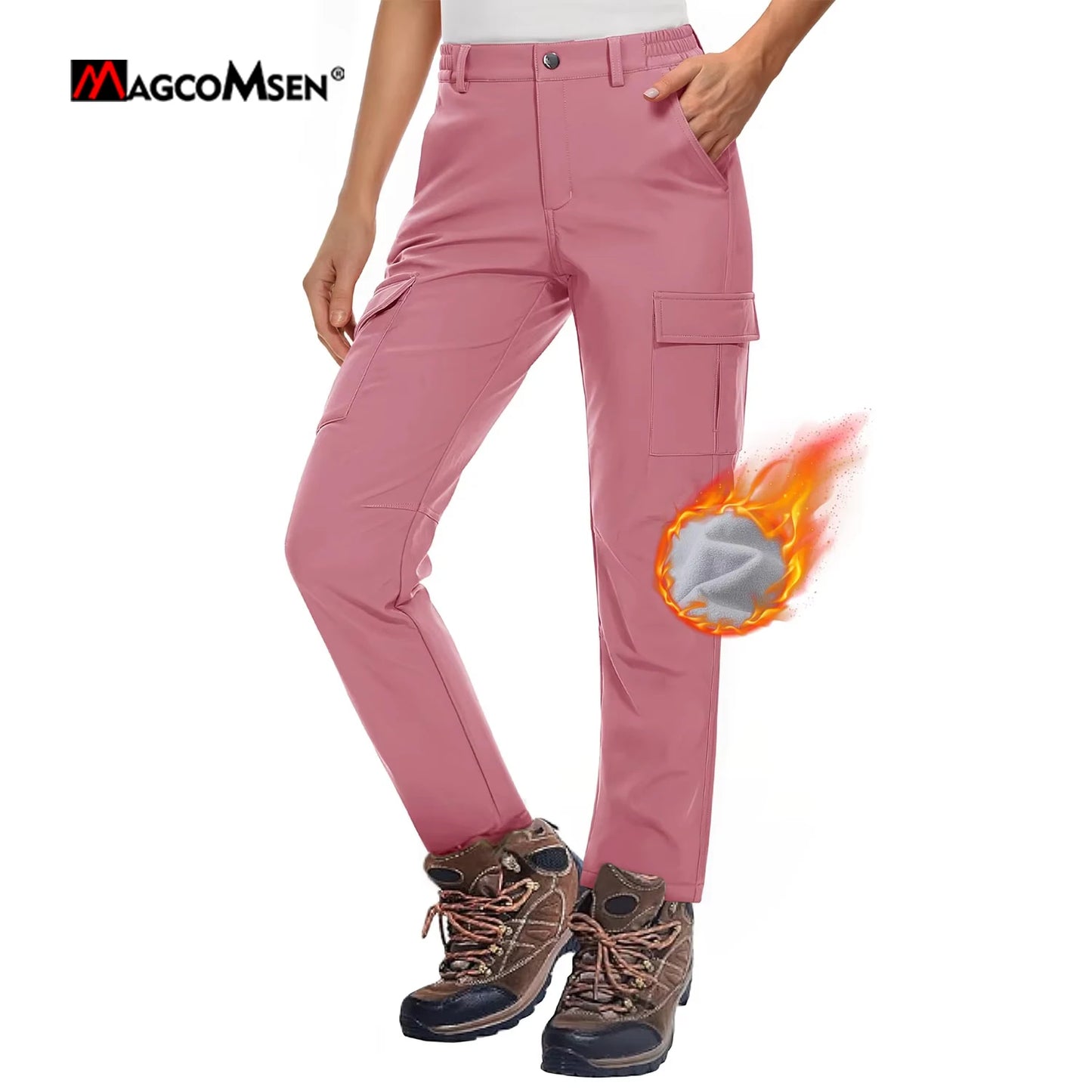 MAGCOMSEN Women's Softshell Pants Fleece Lined Winter Hiking  Ladies Pants Snow Ski Trousers Waterproof Ripstop Warm Cargo Pants