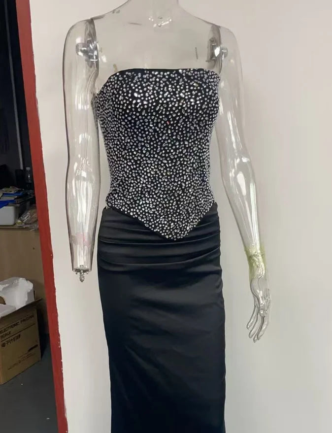 Sexy Sequin Top Long Skirt Set Women Strapless Off-shoulder Slim Tops High Waist Satin Skirts Sets Lady Vacation Party Outfits