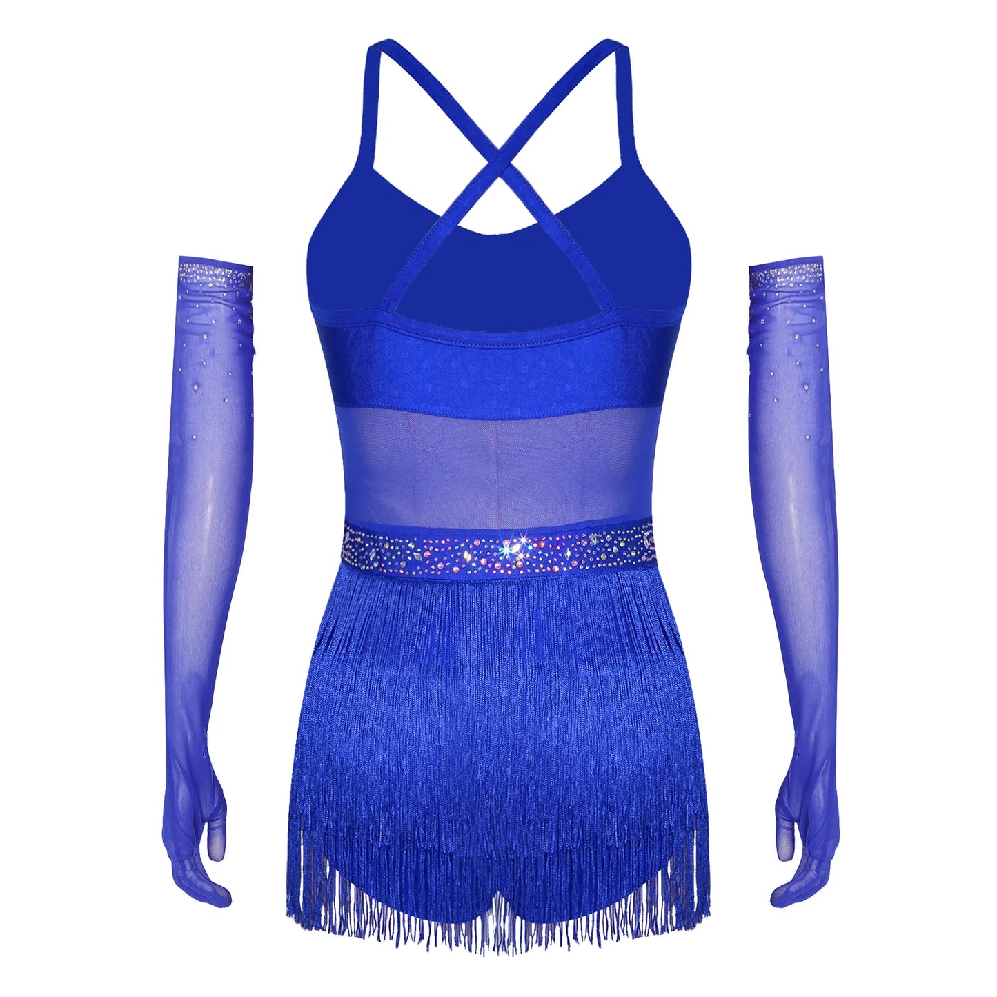 Womens Latin Dance Dress Sheer Mesh Patchwork Tiered Tassel Bodysuit Dress and Gloves for Tango Samba Dance Ballroom Dancewear