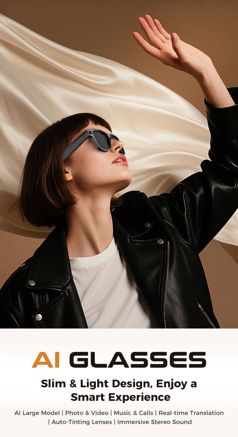 Bluetooth Camera Smart Glasses 4K 1296P Photo Video Open-Ear Dual Speakers Touch Button Control OTA APP 4GB Memory sunglasses