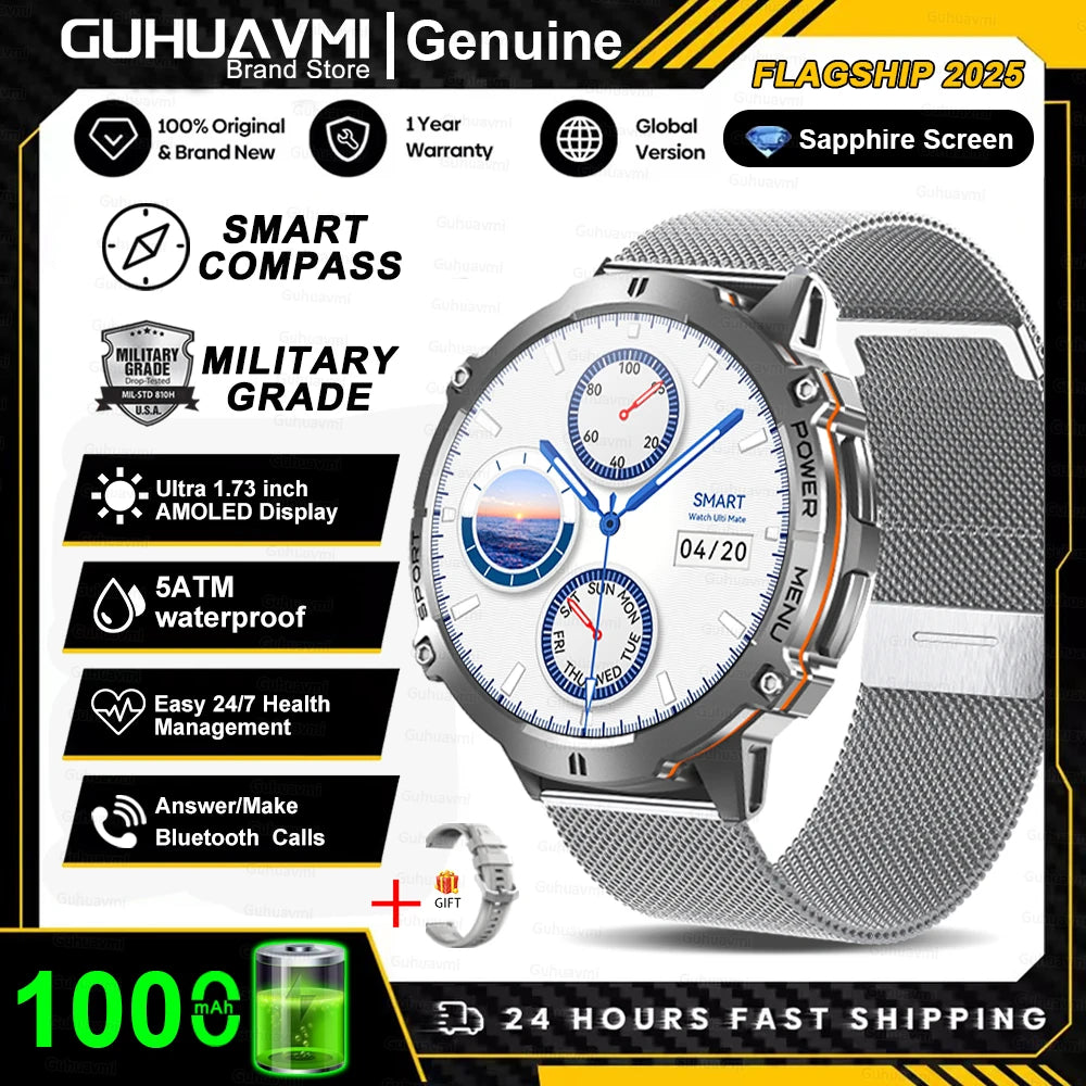New Outdoor 1000mAh Battery Men Adult Smart Watch GPS Compass Altimeter 10ATM Waterproof Heart Rate BT Call Sport Man Smartwatch