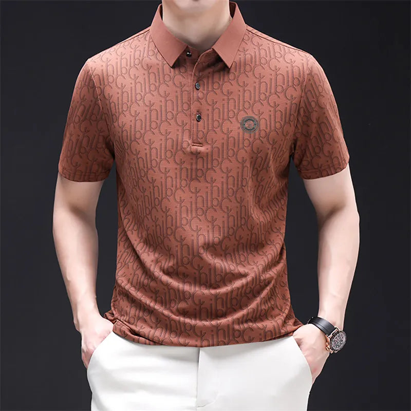 New Men's Business Casual Short Sleeved Shirt with Badge Solid Color Polo Shirt Fashionable Breathable Comfortable Versatile Top