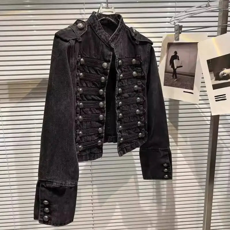 DEAT 2025 Autumn New Fashion Metal Buckle Design Shoulder Strap Denim Short Jacket For Women High Street Coat Female 11A06995