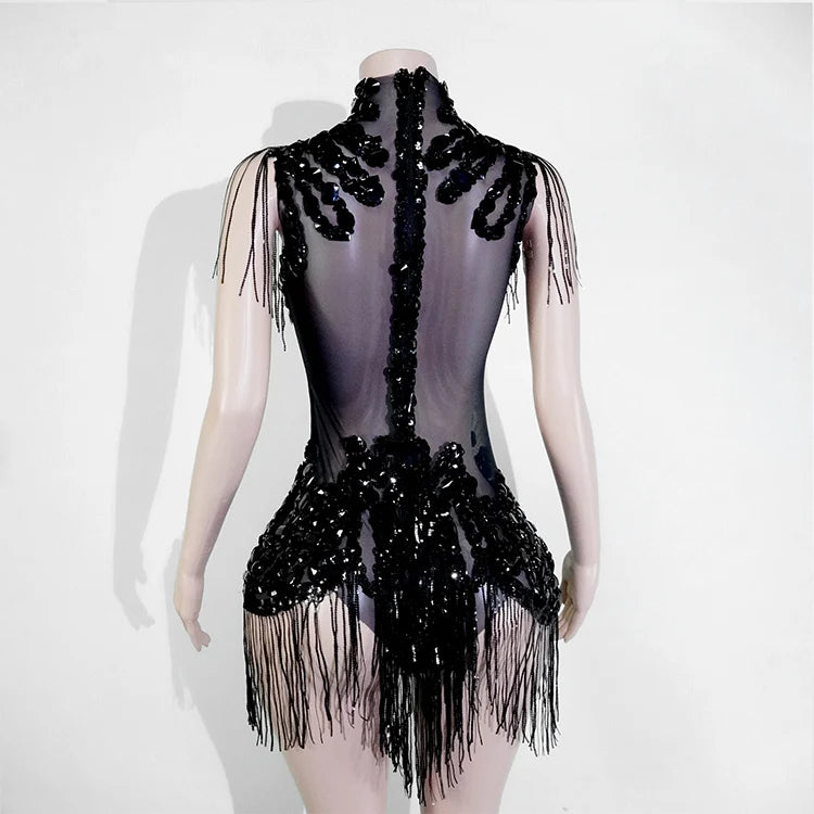 Sexy Mesh Sheer Black Rhinestone rhinestone Bodysuit Singer Dancer Show Stage Outfit Celebrate Party Night Club Performance Waer