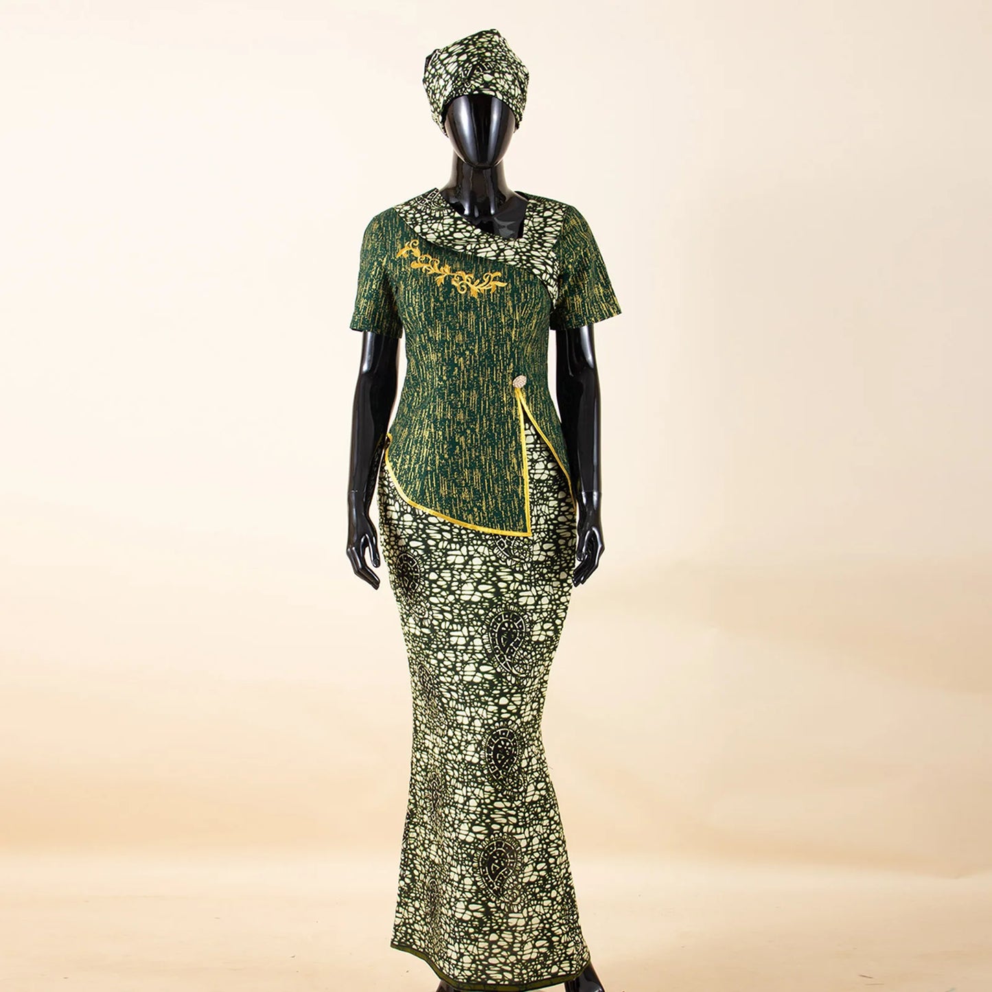 African Women Skirt Set Luxury Gown Short Sleeve Slit Top and Slim Skirt Vestidos with Headwrap Wedding Dress 2526056