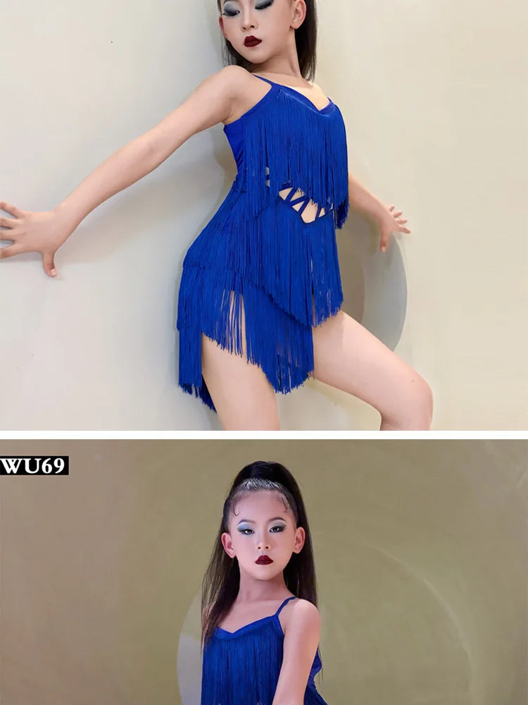 Latin american Dance velvet feather Long Dress Girls Kids Samba Salsa Cha Cha Rumba Tango Children Competition Ballroom Dresses