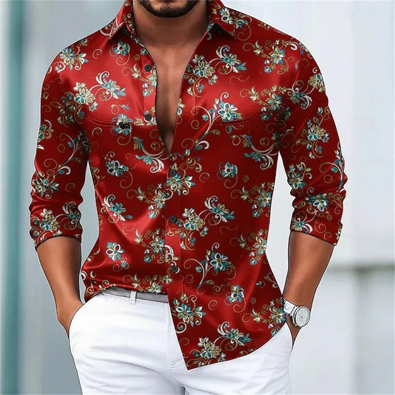 Fashion Flower pattern 3D Print Men's Long Sleeve Shirts Fashion Button-Down Tops Autumn New Casual Men's Casual Lapel Shirts