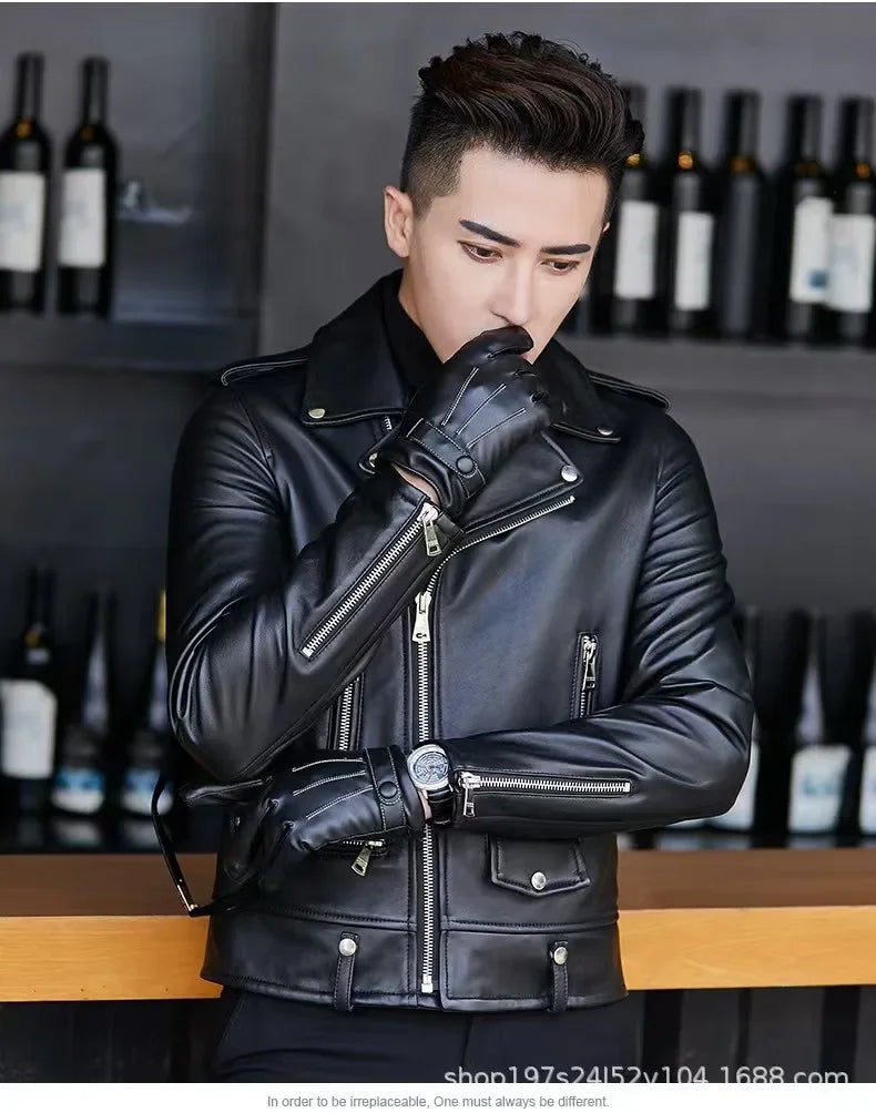 Men's Slim Fit PU Leather Jacket Fashionable Motorcycle Style Spring Autumn Korean Version Casual Outerwear Male Biker Coat