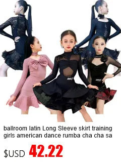 Latin american Dance velvet feather Long Dress Girls Kids Samba Salsa Cha Cha Rumba Tango Children Competition Ballroom Dresses