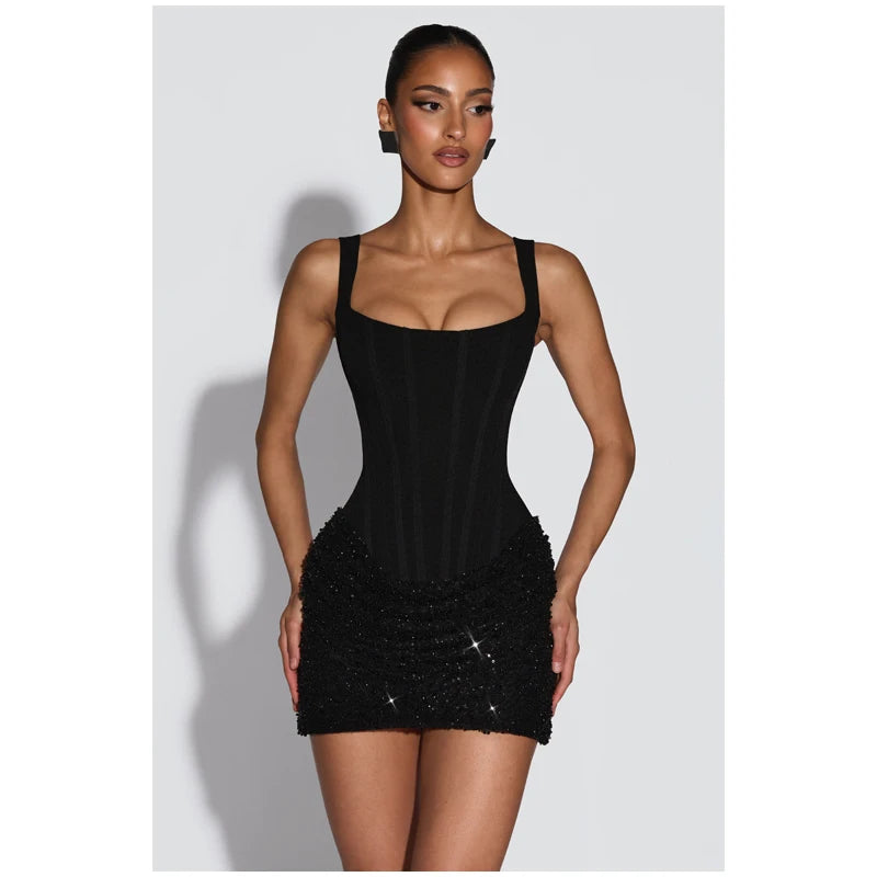 Sexy Sequin Patchwork Sling Mini Dress Women Chic Off-shoulder Backless Waist Cinching Slim Short Dresses Lady Club Party Gowns