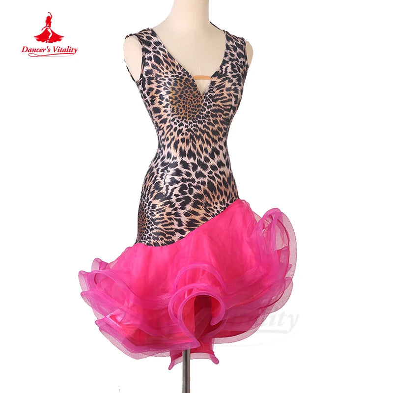 Latin Dance Dress V-Neck Wave Point Skirt Profession Custom Female Adult Child Elegant Performance Clothes Competition Clothing