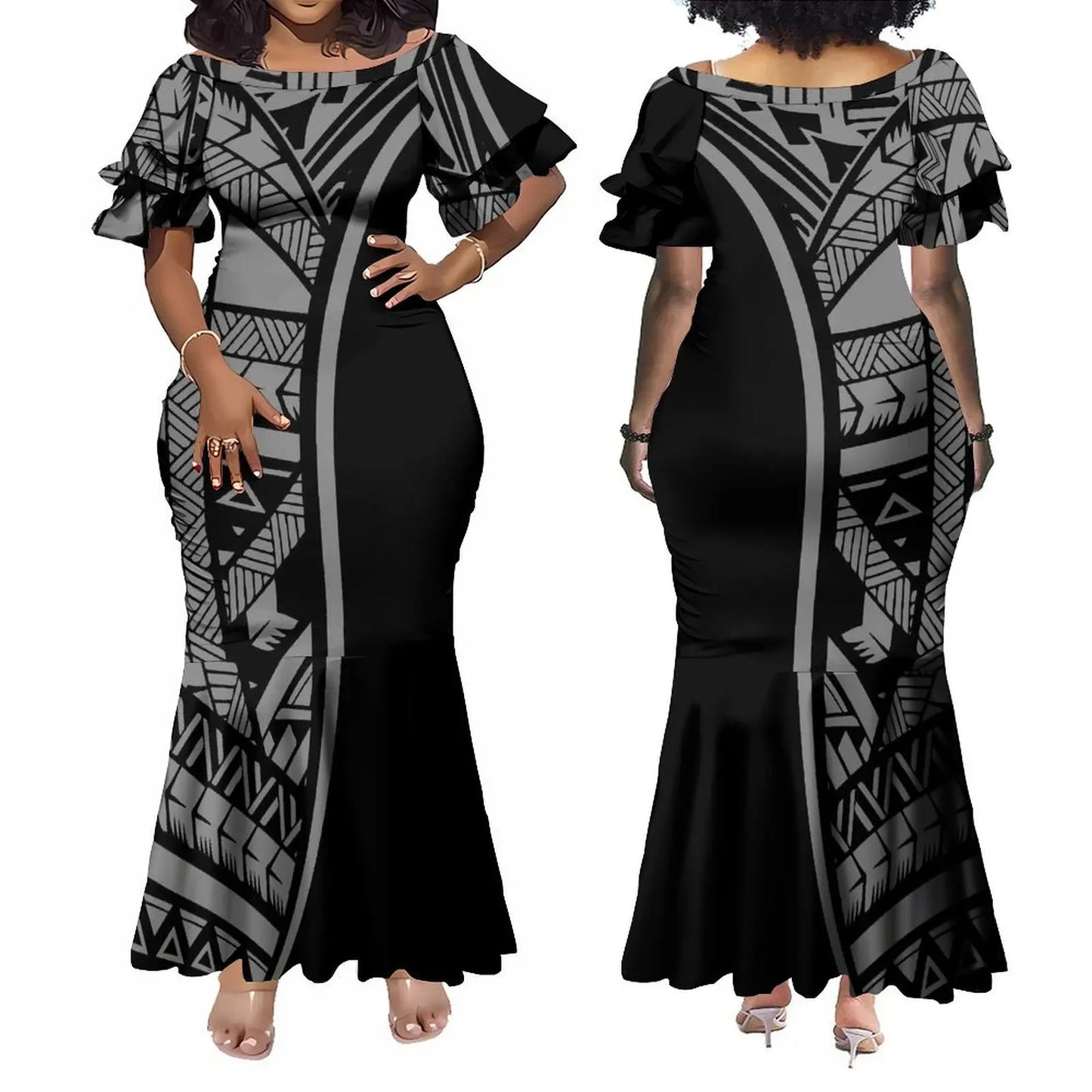 Factory Wholesale Custom Boat Neck Double Flare Sleeve Long Fishtail Ladies Dress Women Elegant Mermaid Evening Party Dress