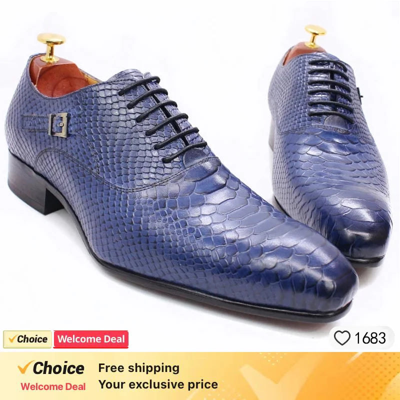 Mens Handmade Leather Dress Shoes Business Crocodile Pattern Oxford Formal Lace-Up Comfortable NonSlip Breathable Office Wedding