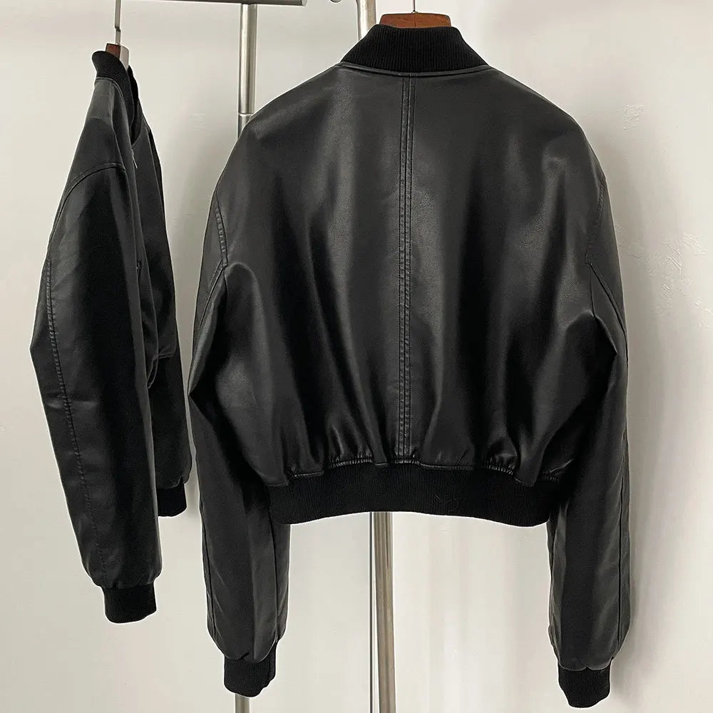 Autumn and winter new leather solid color short coat retro style short zipper cardigan casual all match leather jacket female