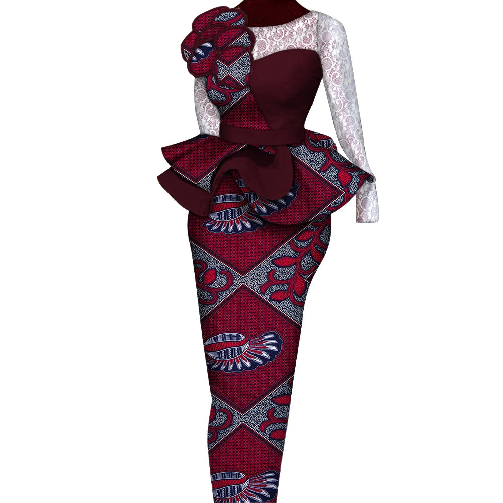 African Skirt Sets Women Suit Long Straight Skirts and Tops with Lace Decoration Bazin Riche Traditional African Clothing WY6195