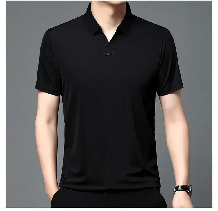 High End Mulberry Silk T-shirts Man Long Sleeve Tops Business Casual Elastic Non-iron Seamless Quality Luxurious Men Polo Shirts