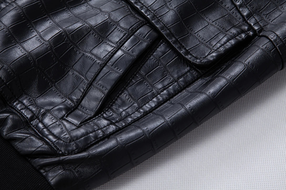 Men's faux crocodile PU leather jacket with vintage lapels