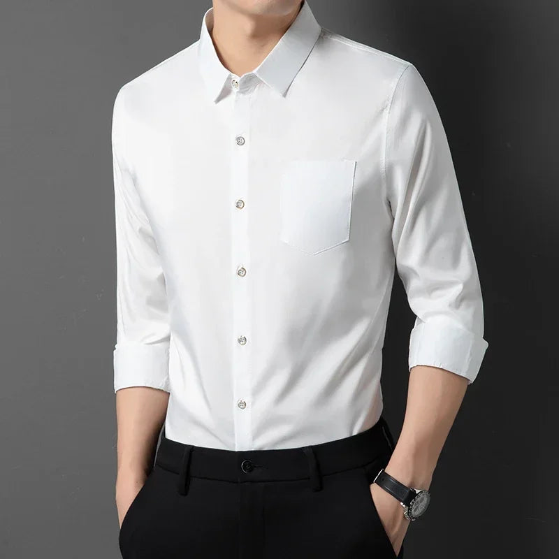 Men's New Casual and Fashionable Long Sleeved Shirt with Pockets Comfortable Wrinkle Resistant and Iron Free Collared Shirt
