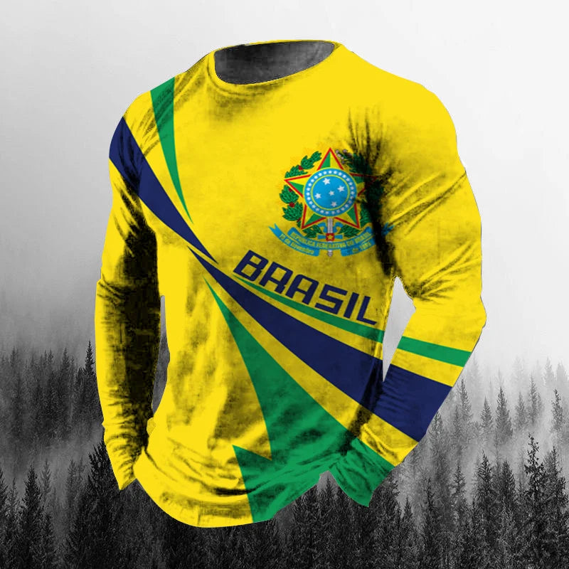 Vintage Brazilian Flag 3D Print Autumn Men's O-Neck T-shirt Casual Long Sleeve Oversized T Shirt Fashion Pullover Men Clothing