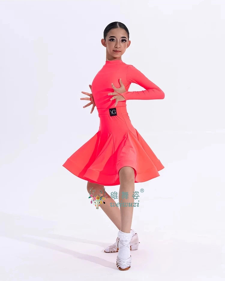 Girls Latin Dance Competition Clothing Glossy Fabric Long Sleeves Dance Dress Kids Cha Rumba Dance Practice Training Wear