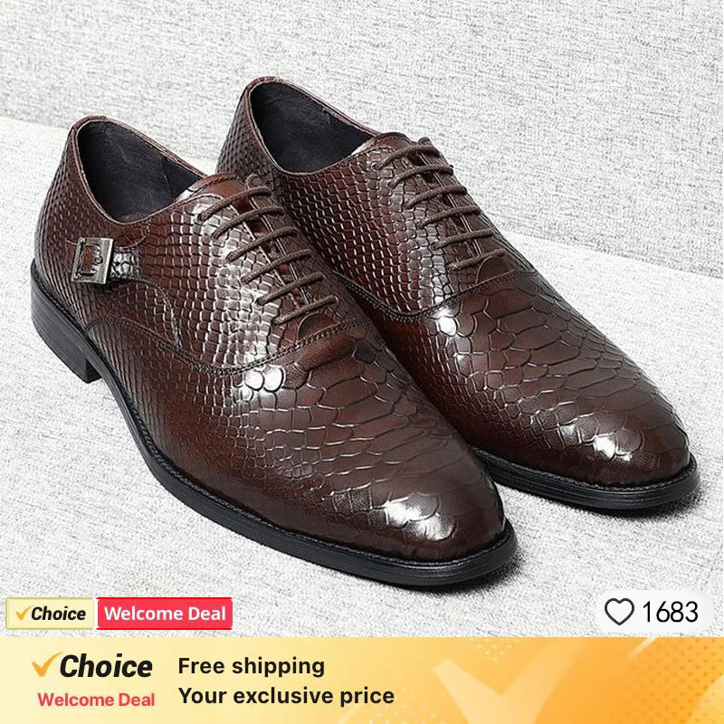 Mens Handmade Leather Dress Shoes Business Crocodile Pattern Oxford Formal Lace-Up Comfortable NonSlip Breathable Office Wedding