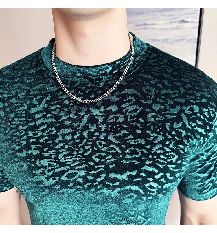 Men's T-Shirts Korean Fashion Gold Velvet Short Sleeve Mens Casual T Shirt Slim Fit Breathable Turtleneck Tee Shirt Homme 4XL-M