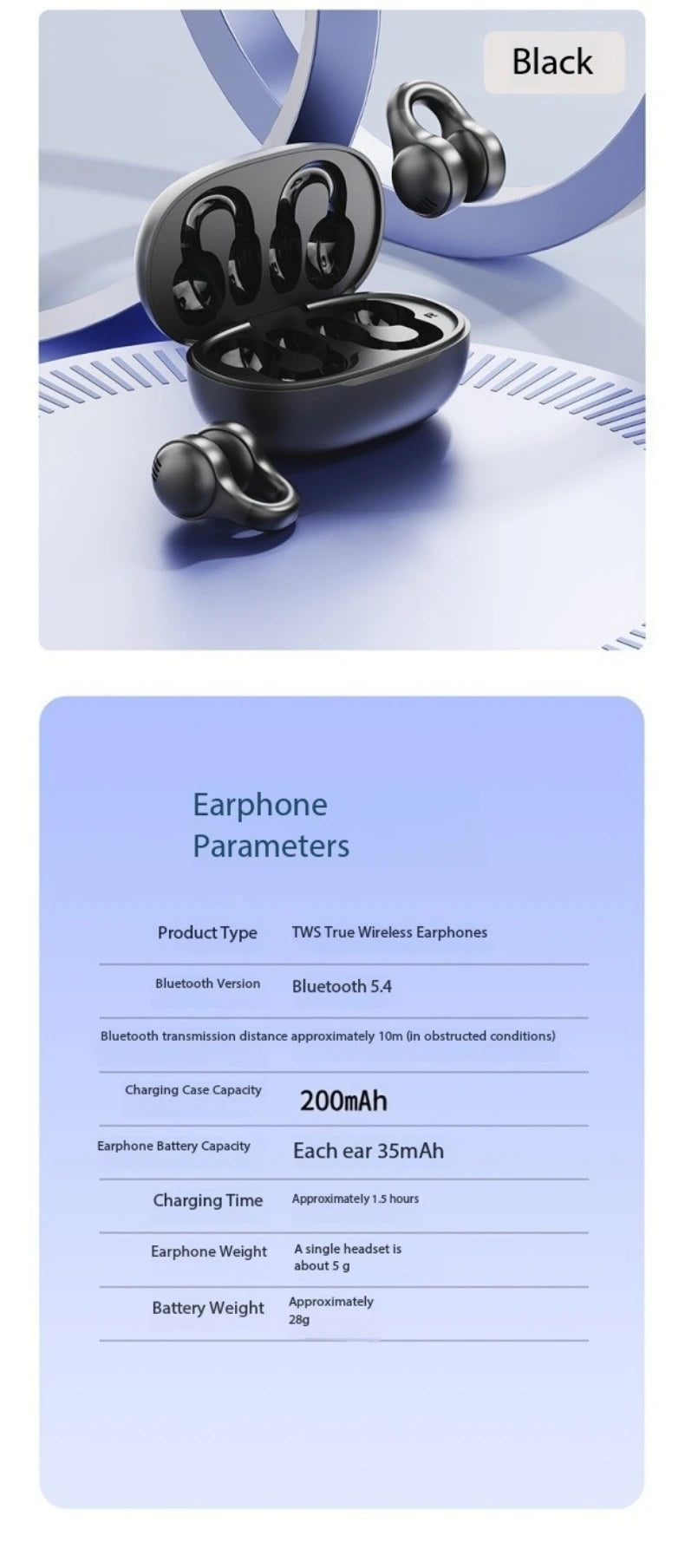New Mirror-Style Digital Display Soft Silicone Ear Clip Wireless Bluetooth Headphones with Noise Reduction, High-Definition, and Lossless for Sports