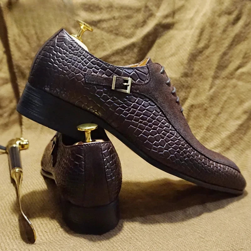 Mens Handmade Leather Dress Shoes Business Crocodile Pattern Oxford Formal Lace-Up Comfortable NonSlip Breathable Office Wedding