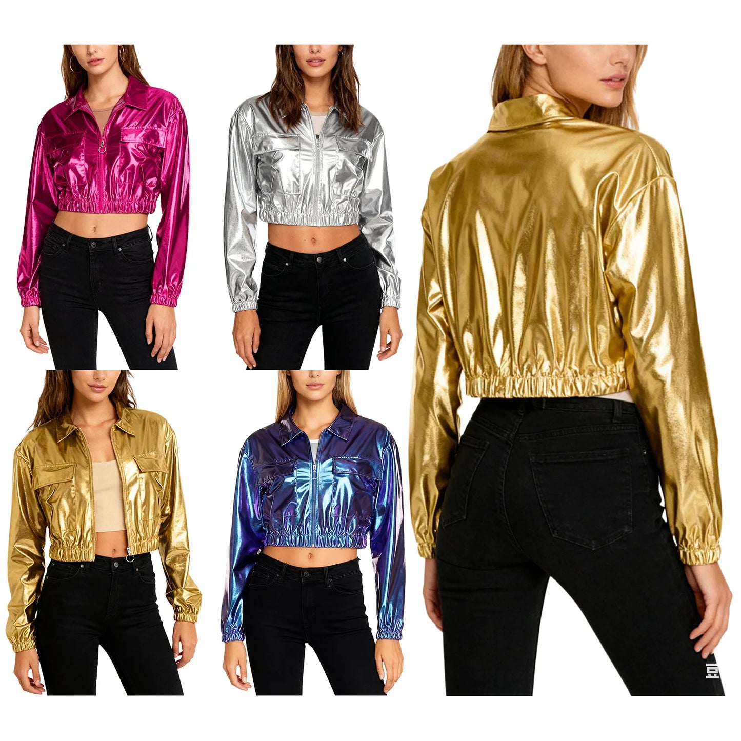 Womens Metallic Shiny Cropped Jacket Lapel Long Sleeve Front Zipper Chest Flap Pockets Crop Outerwear Biker Motor Jacket Tops