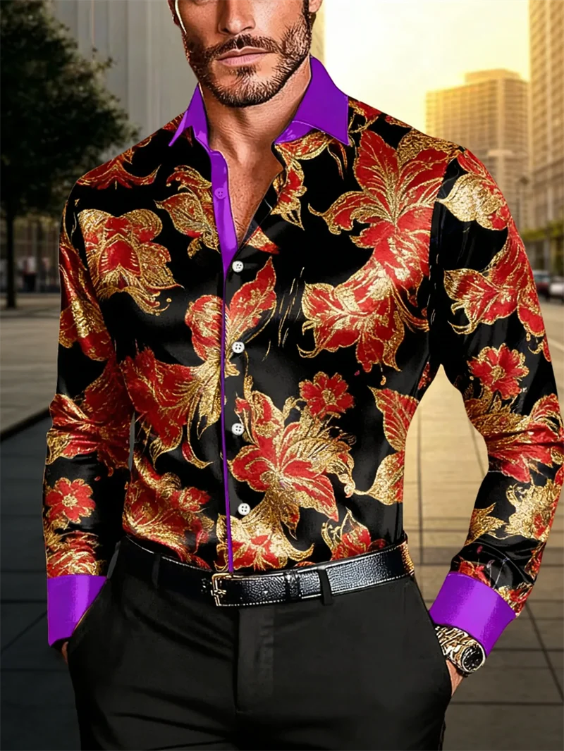 New men's long sleeved shirt casual fashion 3D petal print high-quality shirt single breasted long sleeved top