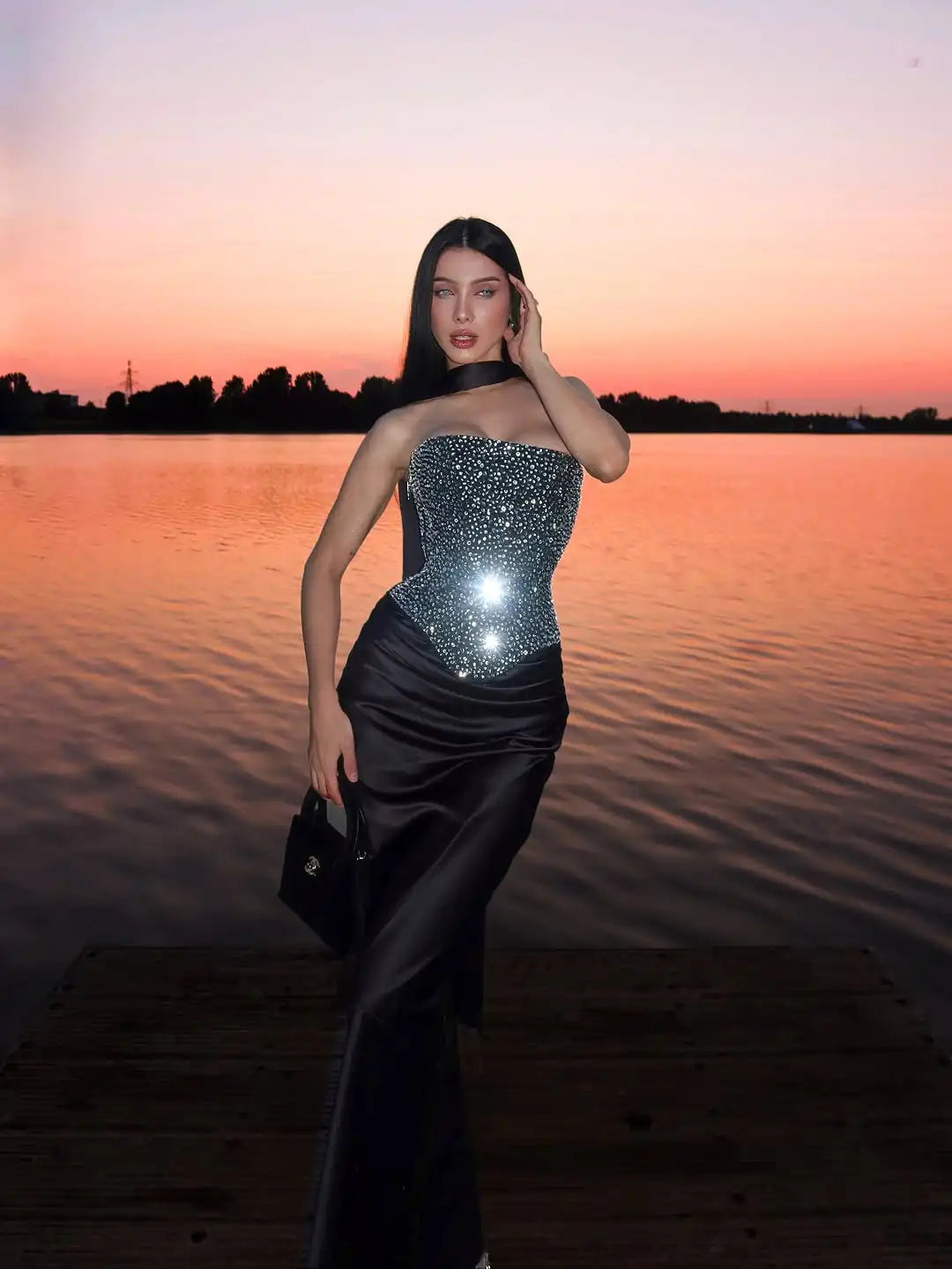 Sexy Sequin Top Long Skirt Set Women Strapless Off-shoulder Slim Tops High Waist Satin Skirts Sets Lady Vacation Party Outfits