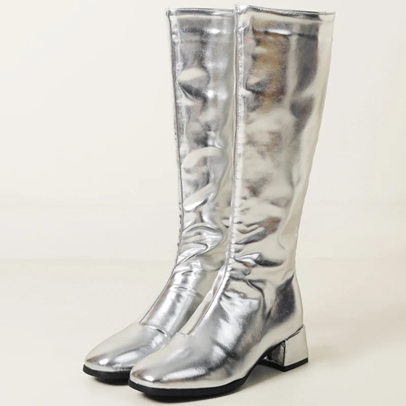 Women's Knee High Boots Winter Shoes 2025 Gold Silver Low Heeled Long Boot Ladies Party Footwear Shoes Large Size 45 Waterproof