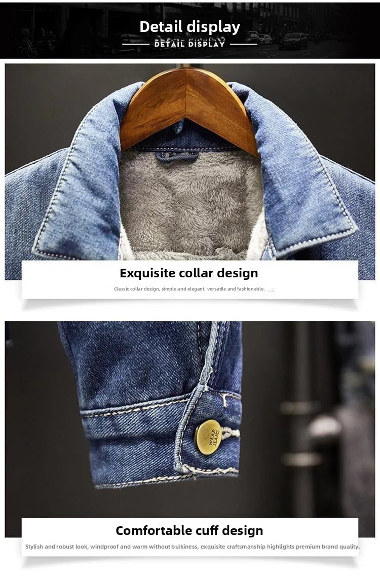 Men's Denim Cotton Jaet Fce Lined Thi Warm Outerwear Korean Sle Versatile Student Jaet Top Trendy Autumn Winter Coat