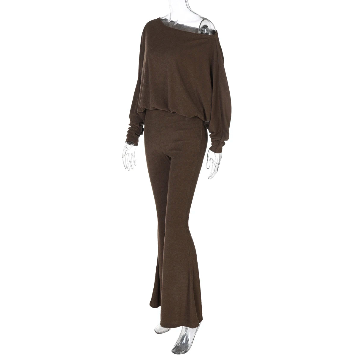 Dulzura Fashion Sexy 2 Piece Pants Set Skew Collar Long Sleeves Slim T-Shirt And Flare Pants Matching Set Party Club Streetwear
