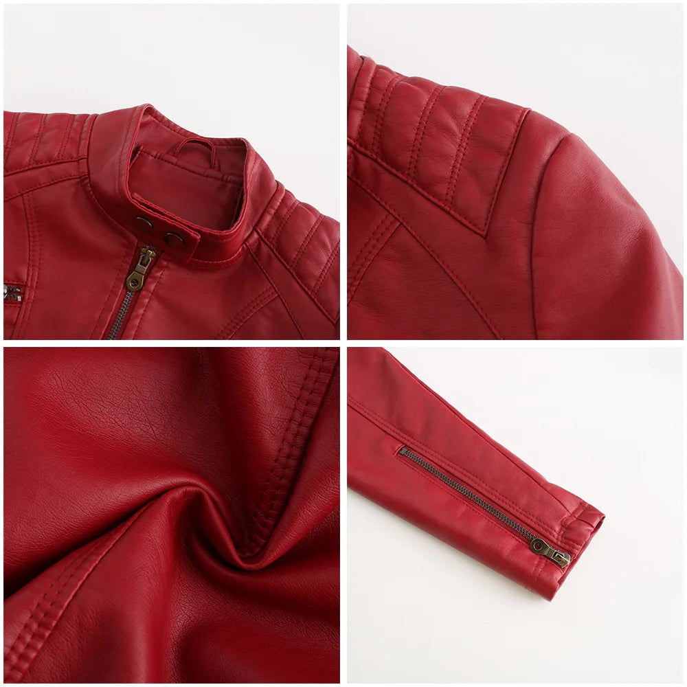2026 New Lavender Purple Women's Long Sleeve PU Jacket, Fashion Motorcycle Leather Jackets, Red Coat, Black Outerwear.