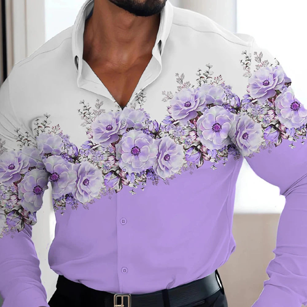 Men's red patterned long-sleeved shirt men's casual versatile fashion street men's shirt lapel single-breasted long sleeve