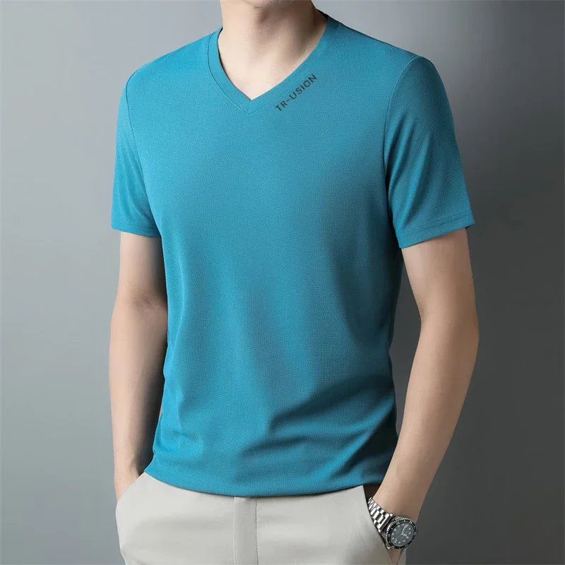 New Men's Casual and Fashionable V-neck Solid Color Short Sleeved T-shirt Breathable and Comfortable Summer Versatile Top