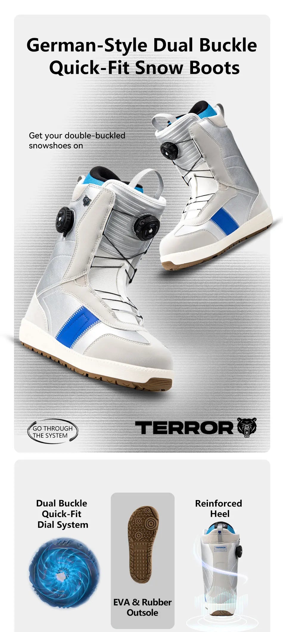 Dexun Dual Buckle Ski Boots Quick-Lace Waterproof Warm EVA Rubber Sole TPU Support Snowboard Shoes Size 36-45